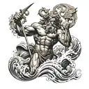 greek god poseidon, surrounded by waves. dark to cover up existing tattoo  tattoo design idea