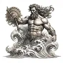 greek god poseidon, surrounded by waves. dark to cover up existing tattoo  tattoo design idea