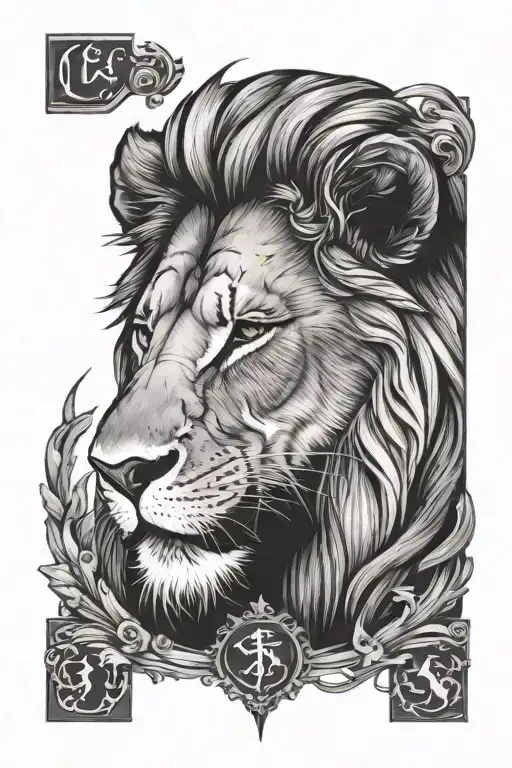 a lion combined with my child his name Luca, his year of birth 2025 and de letter S of my wife. tattoo design idea
