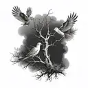 damaged tree lightning doves flying tattoo design idea