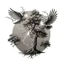 damaged tree lightning doves flying tattoo design idea