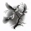 damaged tree lightning doves flying tattoo design idea
