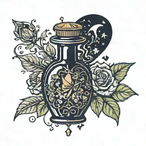 florals alchemy witch love potion bottle silhouette drawn by ink and pen illustration; retro; magic  tattoo design idea