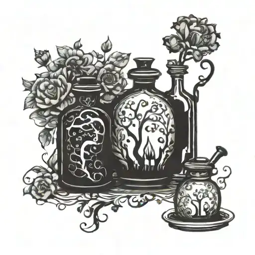 florals alchemy witch love potion bottles silhouette drawn by ink and pen illustration; retro; magic  tattoo design idea