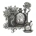 florals alchemy witch love potion bottles silhouette drawn by ink and pen illustration; retro; magic  tattoo design idea