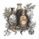 florals alchemy witch love potion bottles silhouette drawn by ink and pen illustration; retro; magic  tattoo design idea