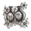 florals alchemy witch love potion bottles silhouette drawn by ink and pen illustration; retro; magic  tattoo design idea