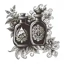 florals alchemy witch love potion bottles silhouette drawn by ink and pen illustration; retro; magic  tattoo design idea
