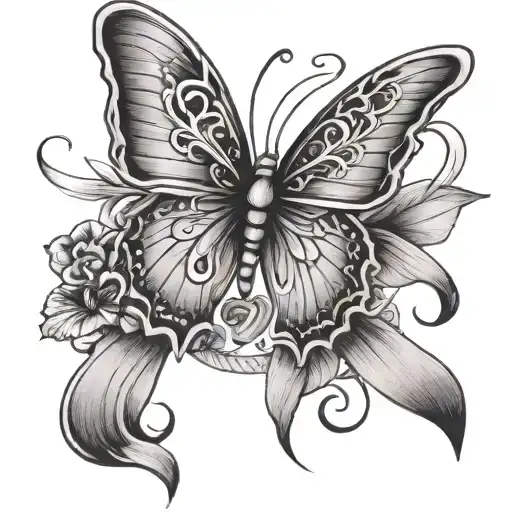 Design a tattoo of a butterfly with a ribbon wrapped around it, symbolizing awareness and advocacy for fibromyalgia tattoo design idea