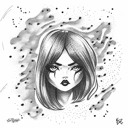 A girl with dark hair, fringe and big eyebrows squatting and drinking coffee tattoo design idea