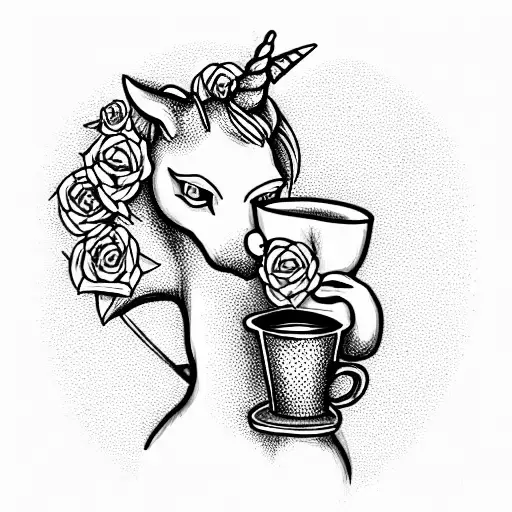 A tattoo of a unicorn drinking coffee holding a chemex surrounded by roses tattoo design idea