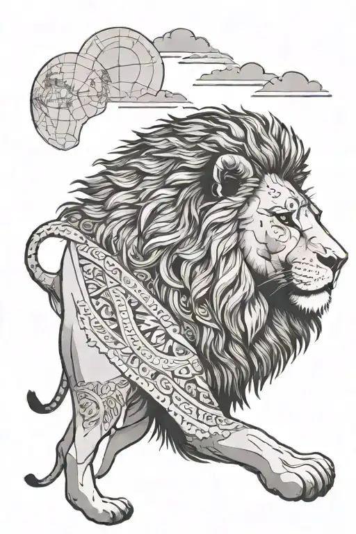 A lion wearing a cape with the African continent in the background tattoo design idea