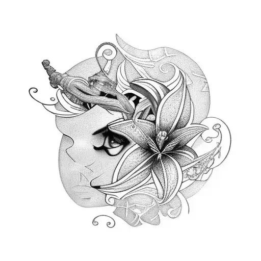 Leg sleeve in black and grey with 3 female faces mixed with filigree and a Lilly flower tattoo design idea