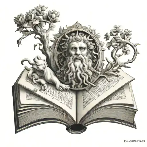 greek mythology kronos god of time cereberus open book high resolution 8k tattoo design idea