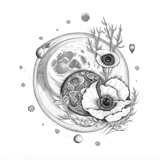 moon with poppy and aster tattoo design idea