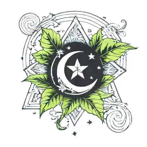 Luck leaf mide of it a star and behind a moon surrounded tattoo design idea