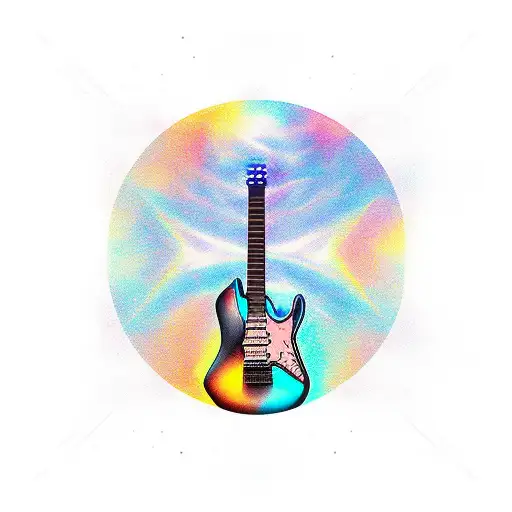 Electro guitar with notes, snowy mountain lightning background tattoo design idea
