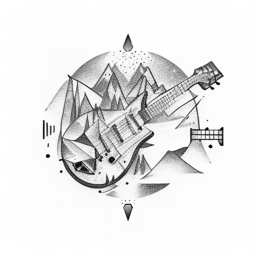 Electro guitar with notes, snowy mountain lightning background tattoo design idea