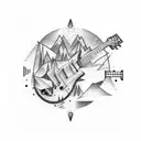 Electro guitar with notes, snowy mountain lightning background tattoo design idea
