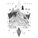 Electro guitar with notes, snowy mountain lightning background tattoo design idea