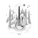 Electro guitar with notes, snowy mountain lightning background tattoo design idea
