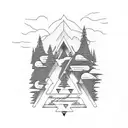 Electro guitar with notes, snowy mountain lightning background tattoo design idea