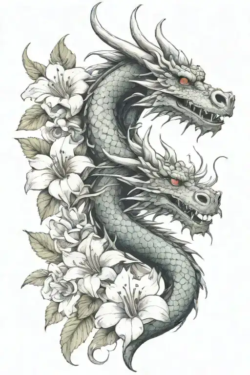 flowers with the stamen and anther as dragon heads. feminine.  tattoo design idea