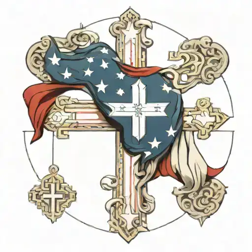 A new-school design of the American flag intertwined with religious symbols like a cross and dove tattoo design idea