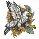 A neotraditional eagle with wings spread wide, clutching a Bible in its talons   tattoo design idea