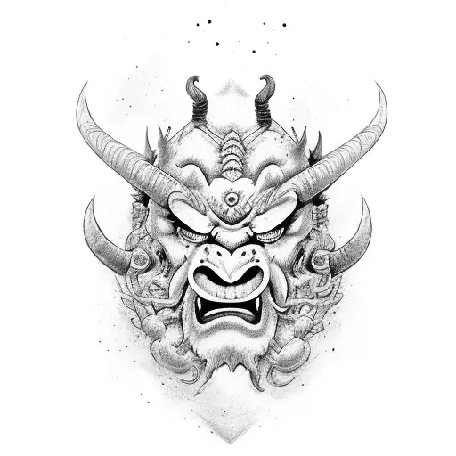 Oni Mask, with cherry blossum trees tattoo design idea