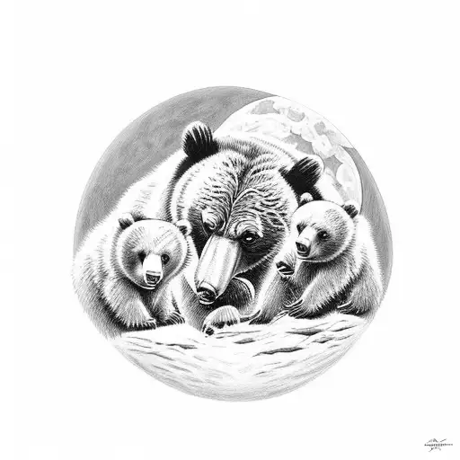 Grizzly Bear under the moon, on a side of a cliff with cubs  tattoo design idea
