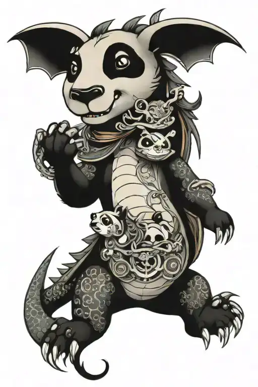 tiny dragon traveling with a panda bear tattoo design idea