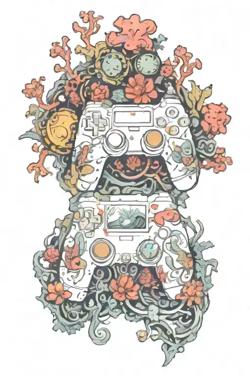 A gaming controller morphing into an intricate underwater coral reef with hidden treasure chests and magical artifacts tattoo design idea