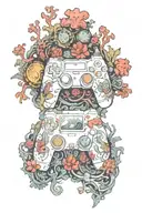 A gaming controller morphing into an intricate underwater coral reef with hidden treasure chests and magical artifacts tattoo design idea
