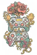 A gaming controller morphing into an intricate underwater coral reef with hidden treasure chests and magical artifacts tattoo design idea