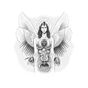 libra scales with angel devil woman drinking wine tattoo design idea