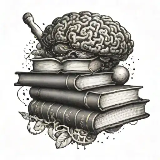 An intricate design featuring a stack of books with a brain and a galaxy inside, symbolizing the intersection of psychology and physics tattoo design idea