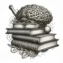 An intricate design featuring a stack of books with a brain and a galaxy inside, symbolizing the intersection of psychology and physics tattoo design idea