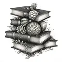 An intricate design featuring a stack of books with a brain and a galaxy inside, symbolizing the intersection of psychology and physics tattoo design idea