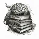 An intricate design featuring a stack of books with a brain and a galaxy inside, symbolizing the intersection of psychology and physics tattoo design idea