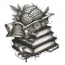 An intricate design featuring a stack of books with a brain and a galaxy inside, symbolizing the intersection of psychology and physics tattoo design idea