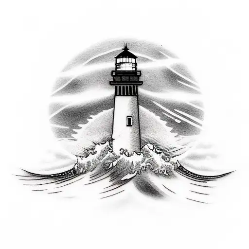 lighthouse with waves and shining light, a ship, and a sea monster tattoo design idea