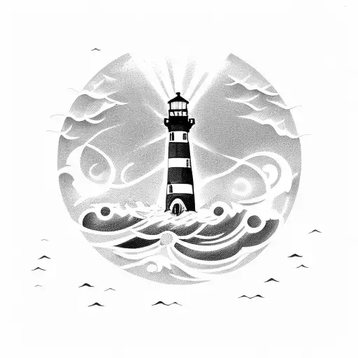 lighthouse with waves and shining light, a ship, and a sea monster tattoo design idea