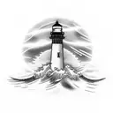 lighthouse with waves and shining light, a ship, and a sea monster tattoo design idea