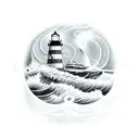 lighthouse with waves and shining light, a ship, and a sea monster tattoo design idea