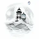 lighthouse with waves and shining light, a ship, and a sea monster tattoo design idea