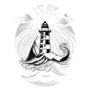 lighthouse with waves and shining light, a ship, and a sea monster tattoo design idea