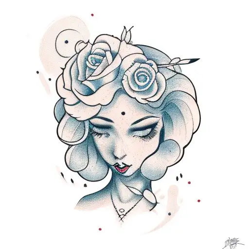 portrait of woman with medium-length blonde hair, with strawberries in her hair tattoo design idea