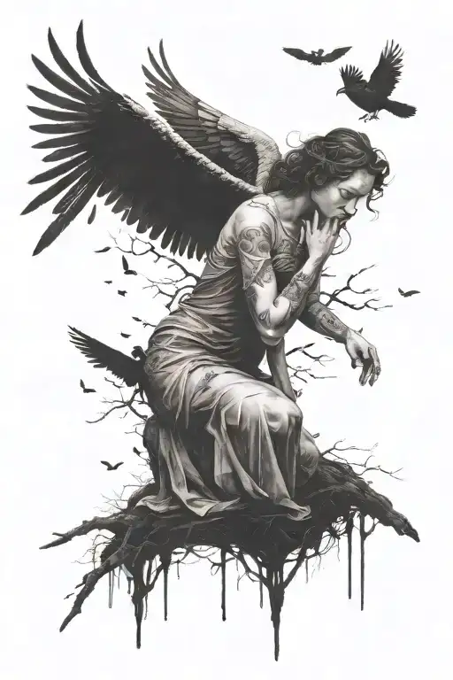 angel sitting crying with wings folded with crows flying around and a forrest in the background  tattoo design idea