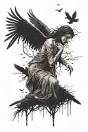 Angel crying with crows flying around in a dark forest sadness and death  tattoo design idea